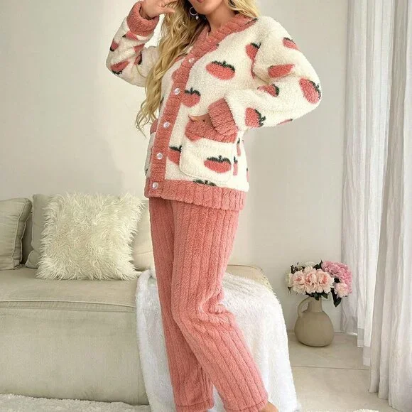 Multicolor Preppy Womens Contrast Trim Button Front PJ Set - Picture 3 of 6